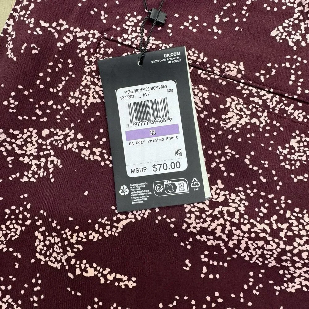 NEW Under Armour Golf Shorts Mens UA Printed sz 38 Maroon 1377303 600